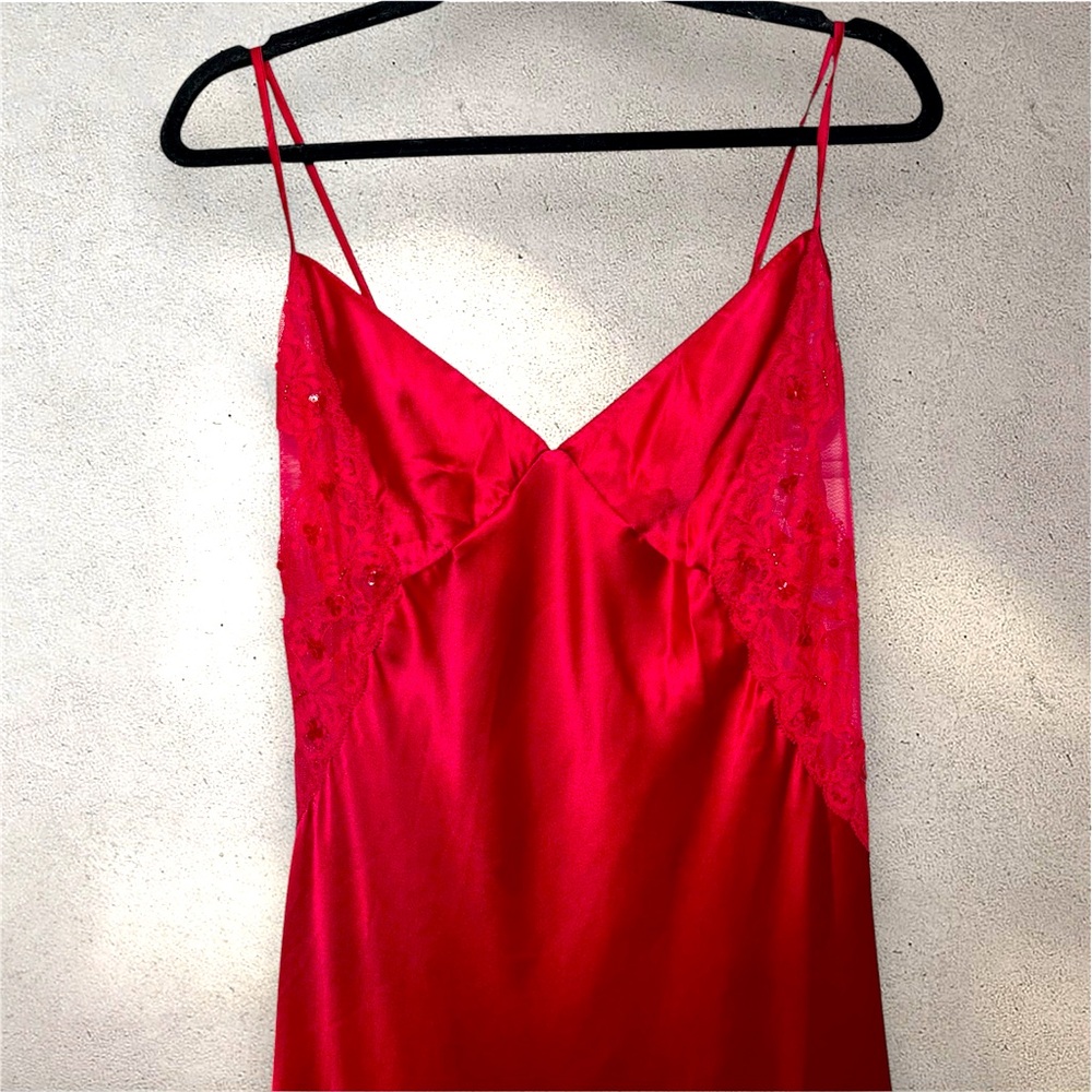 Vintage 90s Y2K Victoria's Secret Long Red Satin Lace Slip Dress Backless Sheer - Picture 3 of 8